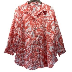 Chicos Women's Top Size 14 Orange White 100% Linen Paisley 3/4 Sleeves Button
